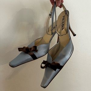 Baby blue/brown satin Prada sling back kitten heels